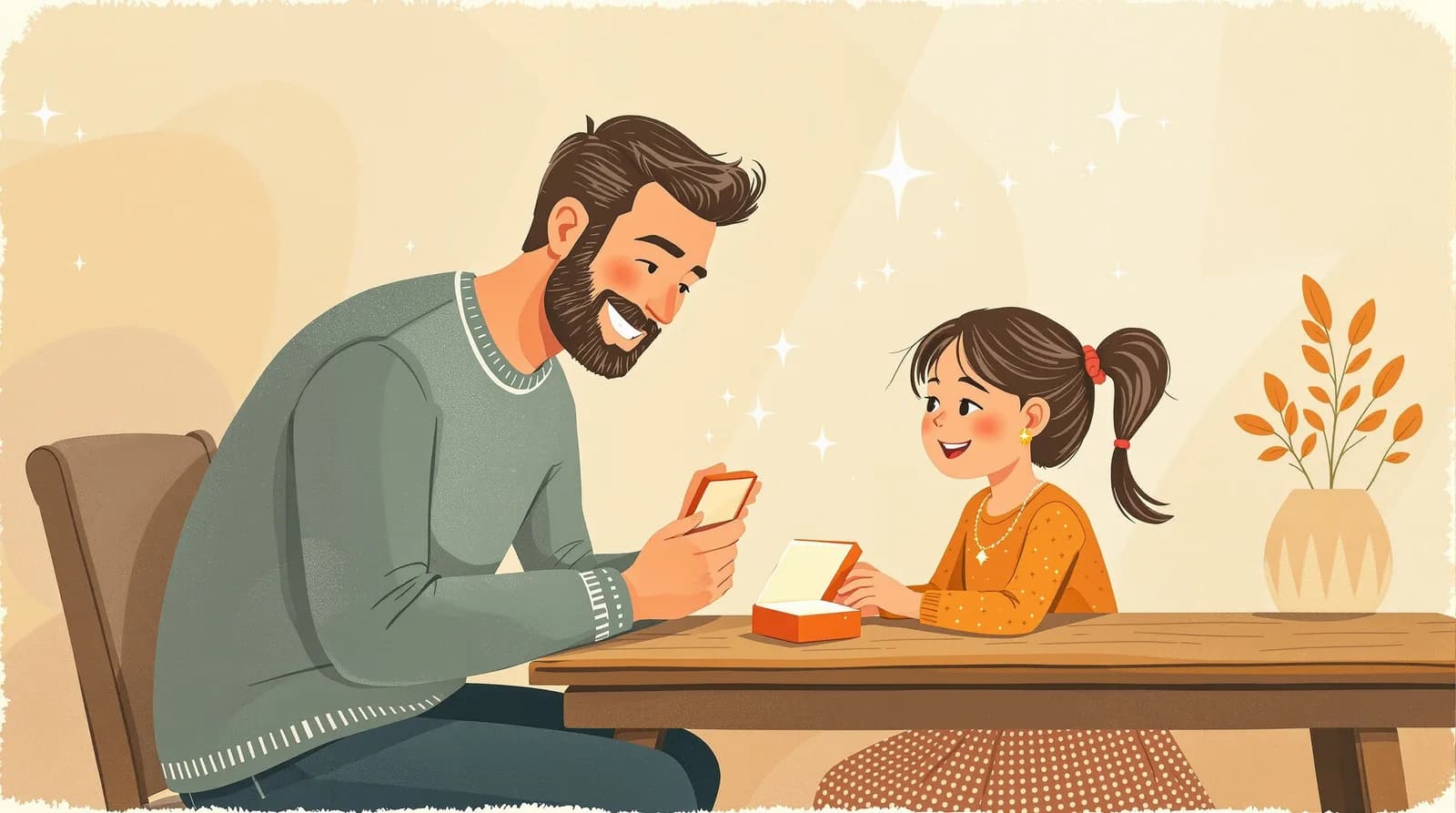 A dad showing his daughter a birthstone pendant