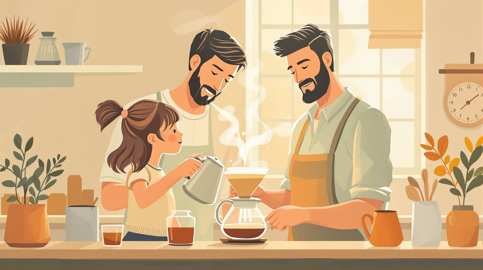 A dad and his daughter making pour-over coffee together in the kitchen