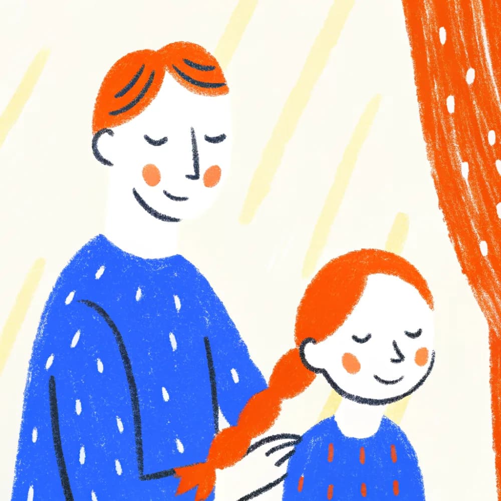 A dad gently tying his daughter's hair into a ponytail