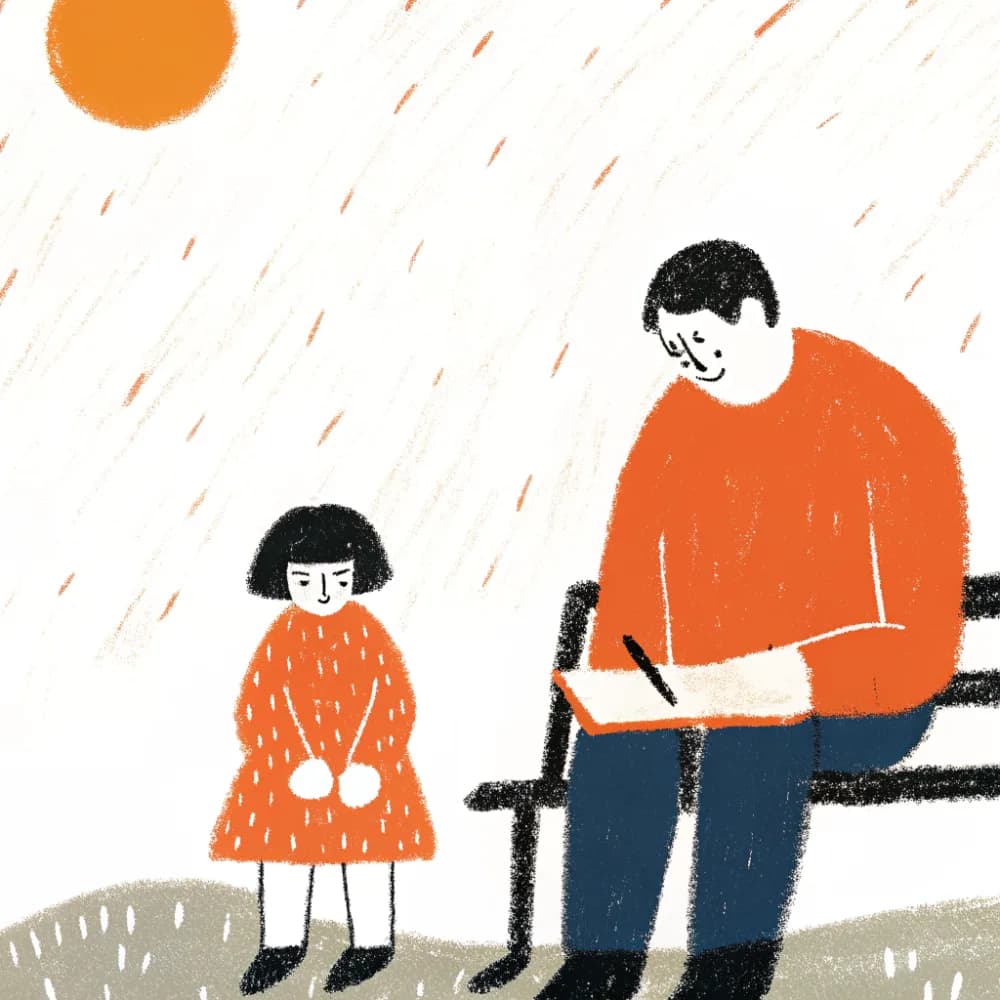 A dad sitting on a bench marking notes in a pad while his daughter waits beside him