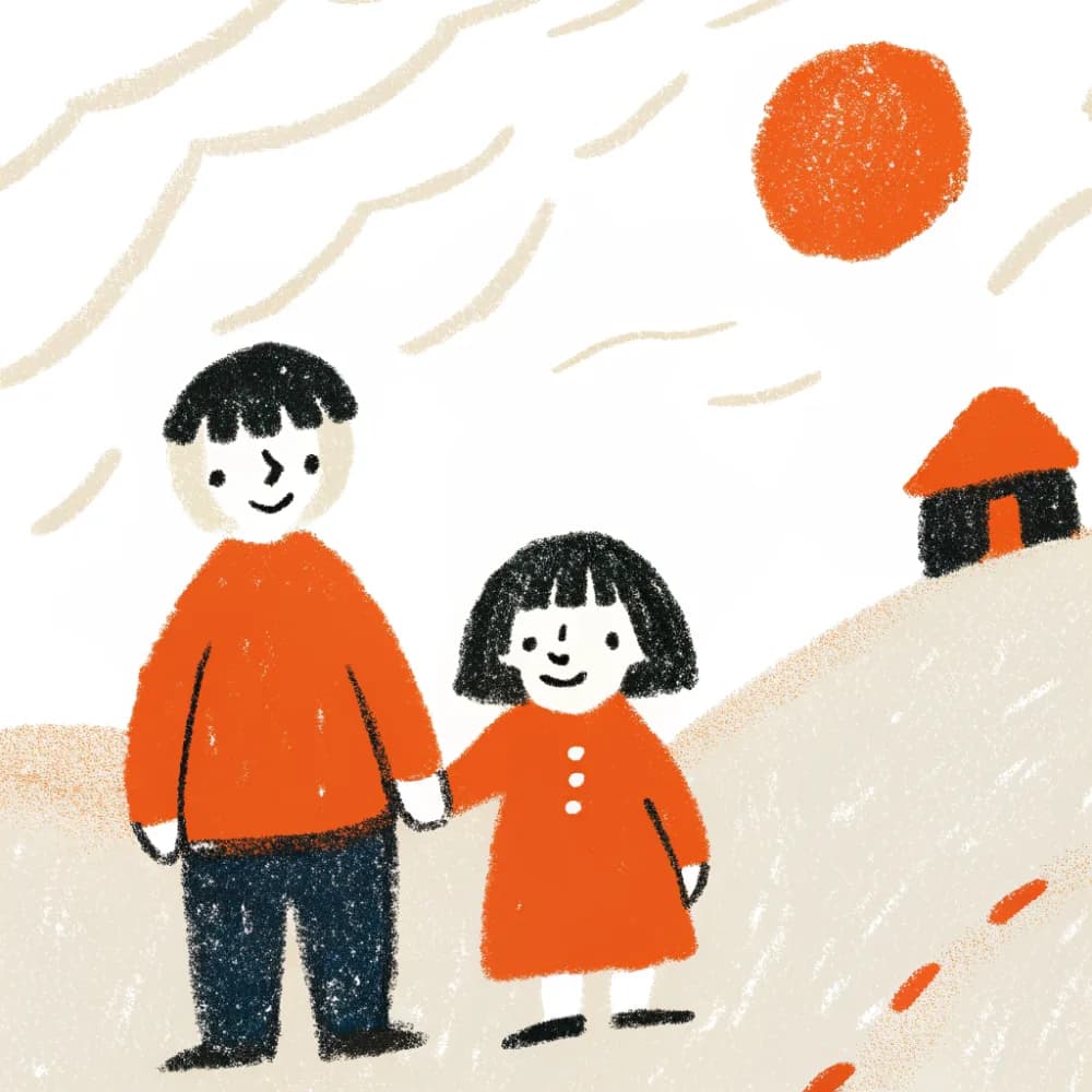 A dad and his daughter arriving hand in hand at a small lodge cabin