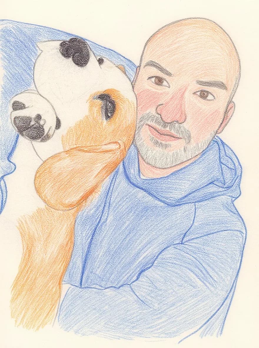 An illustration of Gautam cheek to cheek with Jazz, his beagle