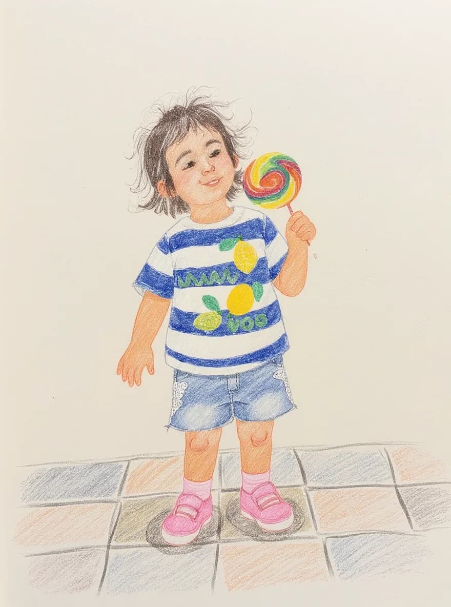 An illustration of Tarini holding a rainbow lollipop on a seaside street