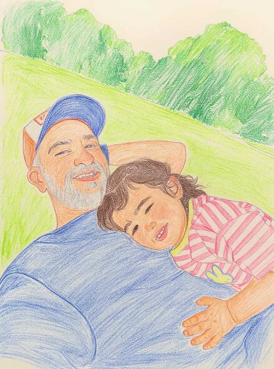 An illustration of Gautam and his daughter Tarini smiling cheek to cheek in a sunny park