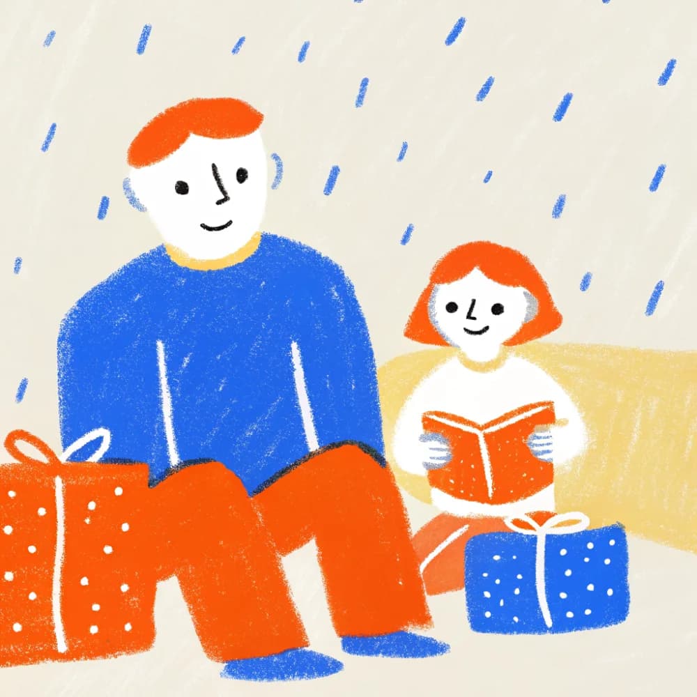 A dad and his daughter with wrapped presents