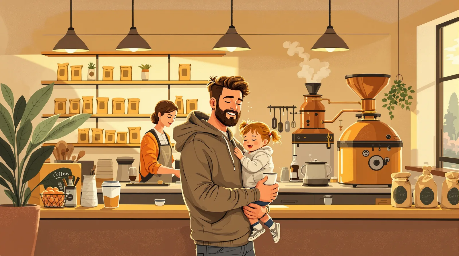 A tired dad holding his daughter at the counter of an independent coffee roastery, for the Totnes coffee guide