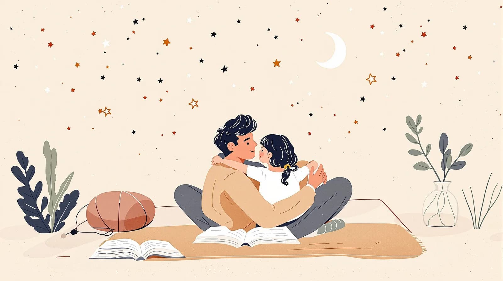 A dad holding his daughter under a sky of stars and a crescent moon