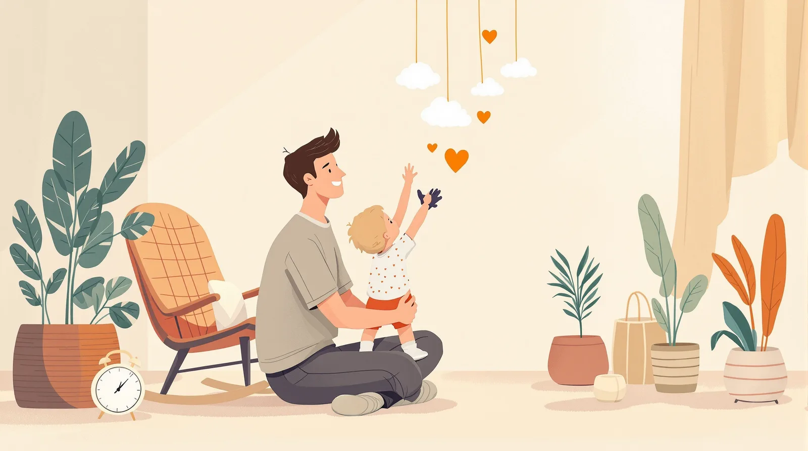 A dad holding his toddler daughter in a nursery