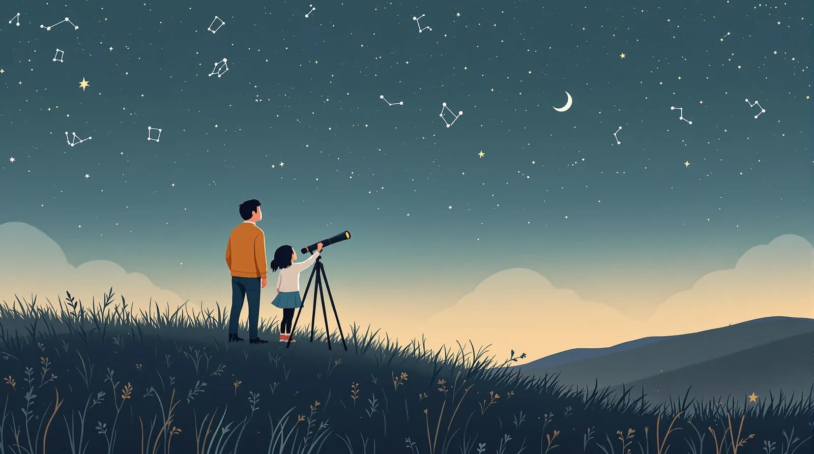 A dad and his daughter stargazing through a telescope